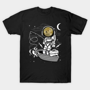 Astronaut Fishing Dogecoin DOGE Coin To The Moon Crypto Token Cryptocurrency Blockchain Wallet Birthday Gift For Men Women Kids T-Shirt